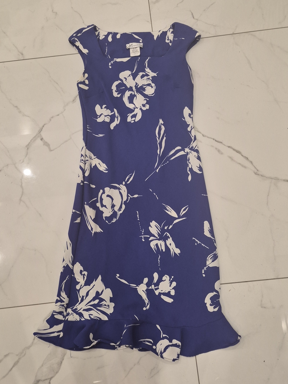 Dress Barn Blue and White Floral Cap-Sleeve Dress